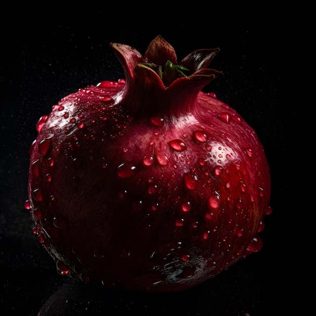 A red pomegranate with water droplets on it