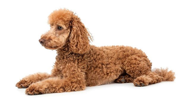 A Red Poodle Lying Down With Its Head Turned To The Side