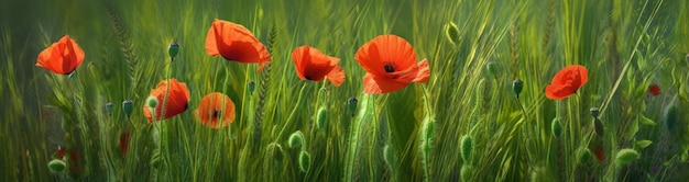 Red poppies on the background of green grass and ears of corn Banner Generate Ai