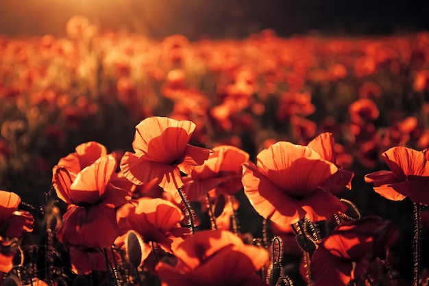 Red poppies blossom on wild field