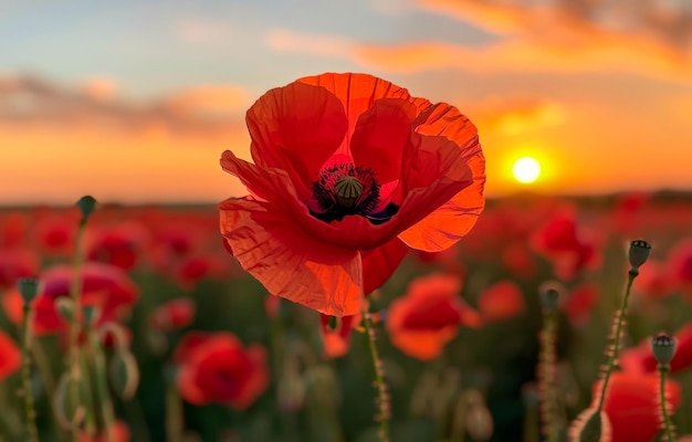 Red poppies in the field at sunset A red poppy flower in the foreground