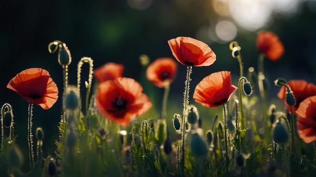 Red poppies flowers bloom swaying from wind