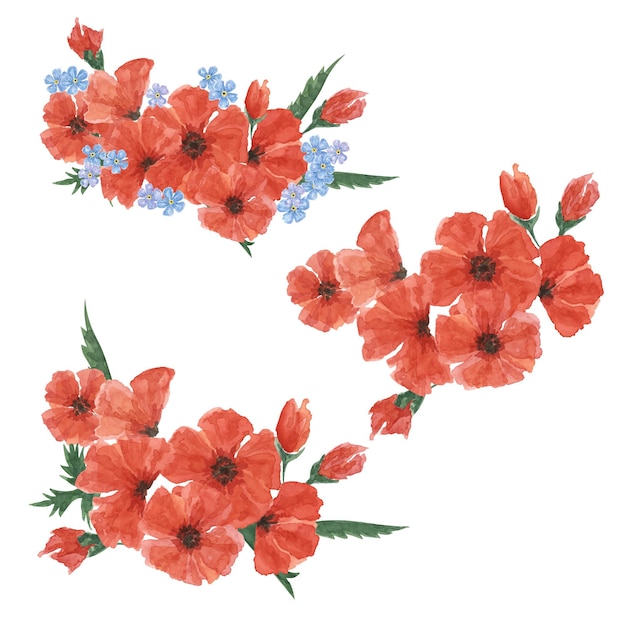 Red poppies and forgetmenots bouquets Poppy day compositions Hand drawn watercolor illustration for card banners commemorative events memorial