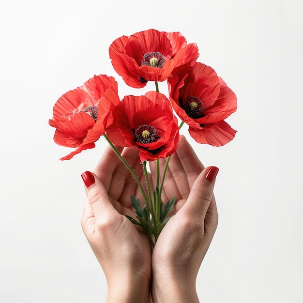 Red poppies held in hands delicate petals and stems