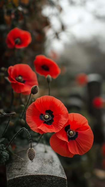 Red poppies resting on a gravestone symbolizing remembrance and reflection