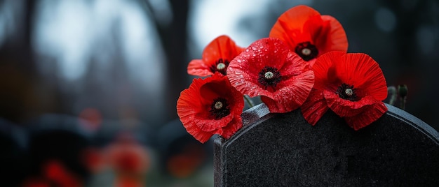 Photo red poppies resting on a gravestone symbolizing remembrance and reflection