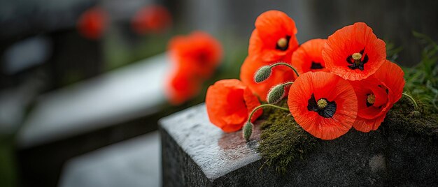 Photo red poppies resting on a gravestone symbolizing remembrance and reflection