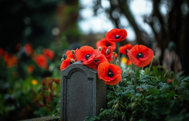 Red poppies resting on a gravestone symbolizing remembrance and reflection