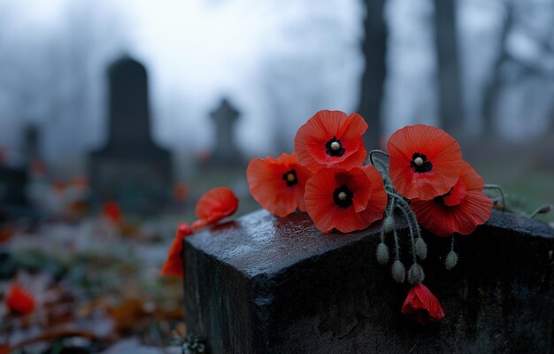 Red poppies resting on a gravestone symbolizing remembrance and reflection