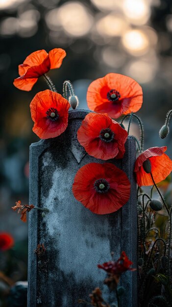 Photo red poppies resting on a gravestone symbolizing remembrance and reflection