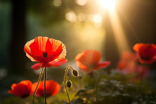 Red Poppies in SunDrenched Meadow Natural flower background photo landscape