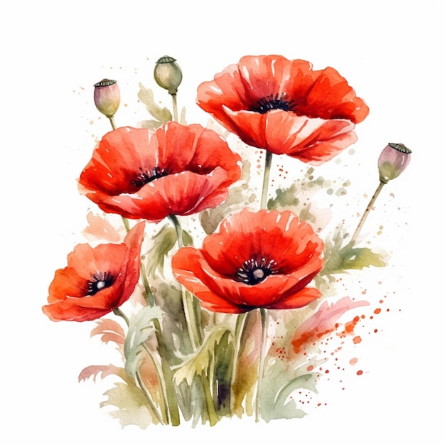 Red poppies watercolor painting with a white background.