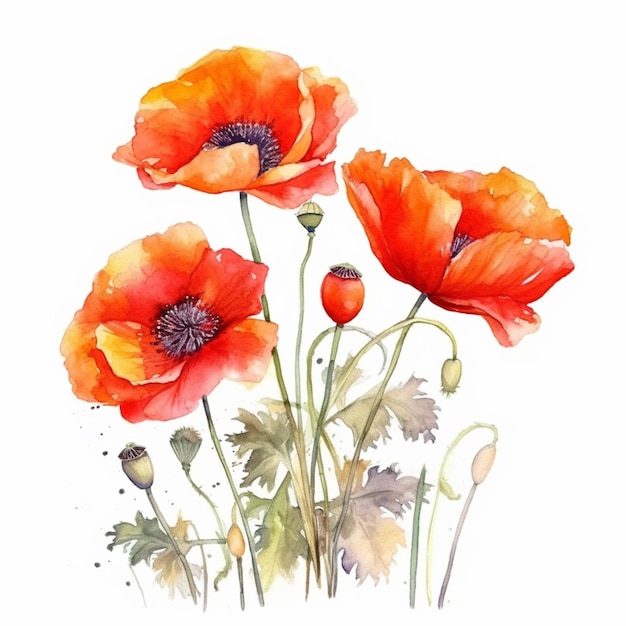 Red poppies on a white background