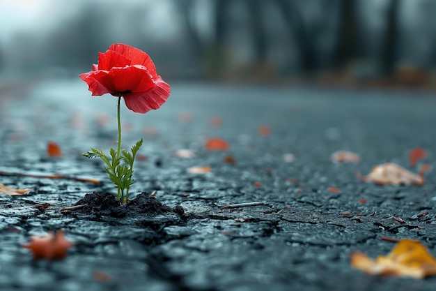 Red poppy flower growing on cracked asphalt in autumn park Nature background