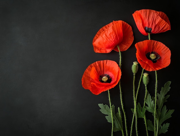 Photo red poppy flowers on black background for military day