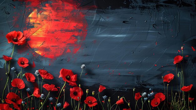 Red poppy flowers on a dark background Design template for Memorial Day