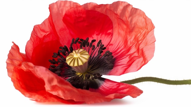 A red poppy is shown on a white background.