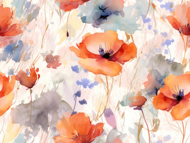 Red poppy seamless pattern Flower watercolor wallpaper For fabric design card