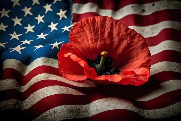 Photo a red poppy sits on a flag with the words poppy on it.