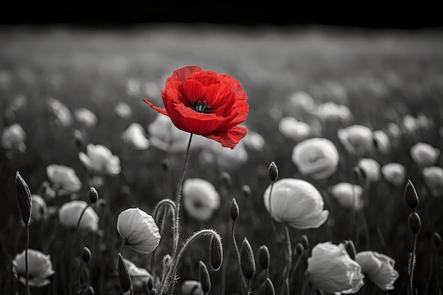 A red poppy stands out in a field of white flowers.