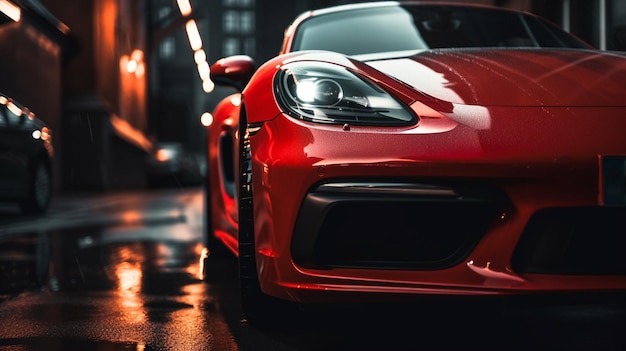 A red porsche 911 is parked on a wet road in the rain