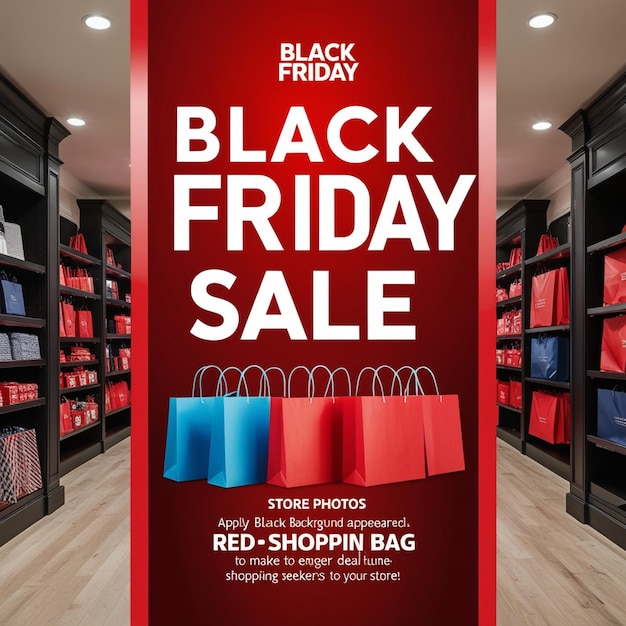 a red poster for black friday sale is displayed in a store