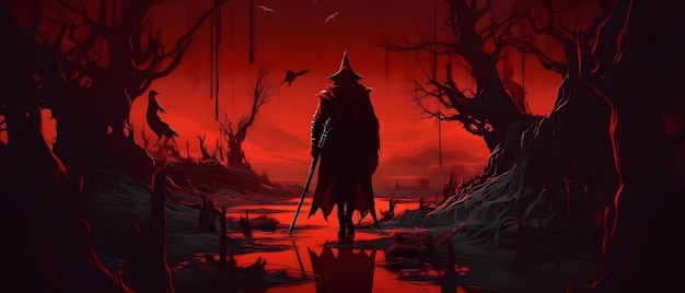 A red poster with a man in a hat and a hat with a sword in the middle of it.