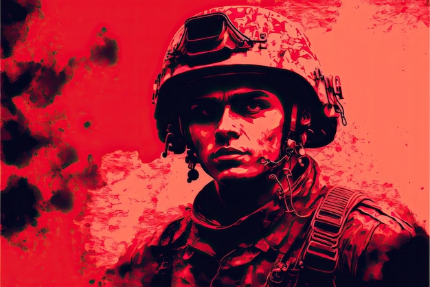 A red poster with a soldier in a helmet and a red background.