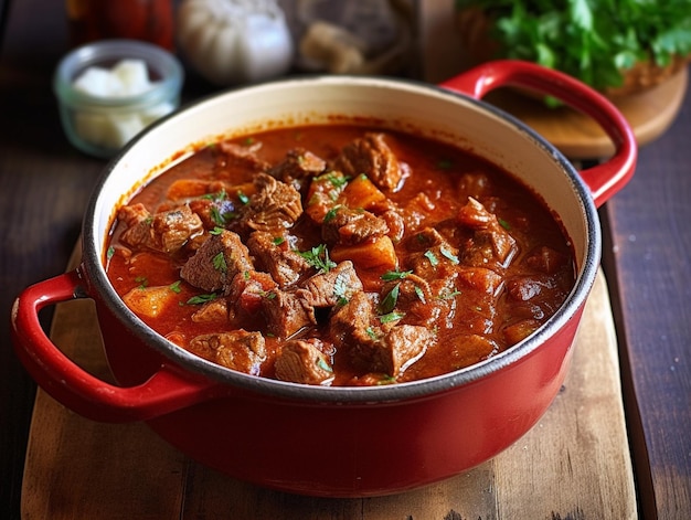 A red pot with meat and vegetables on it