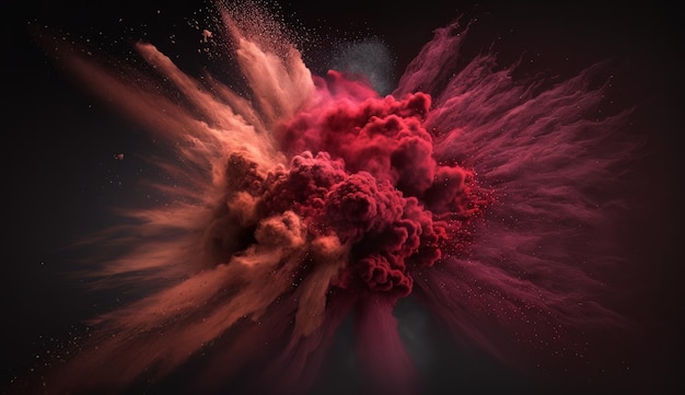 Red powder explosion Abstract closeup dust on backdrop Powder explode Paint holi Generative ai