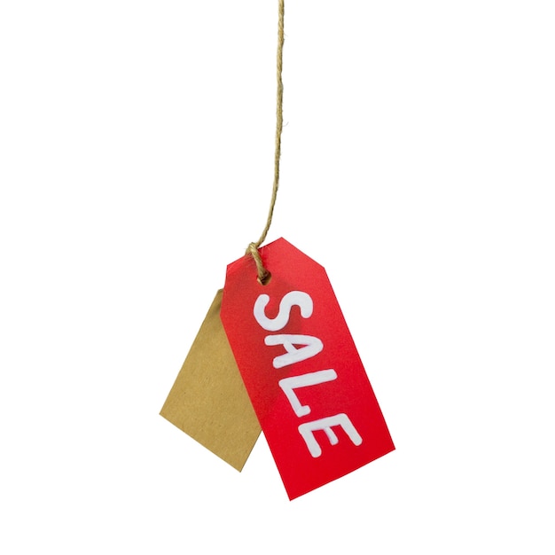 Red price tag with white Sale letters and cardboard tag hanging on rope, isolated on white background