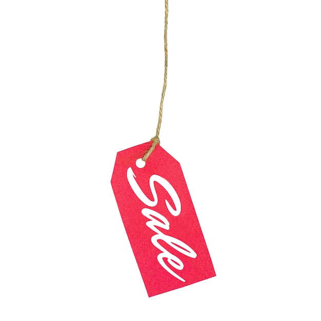 Red price tag with white Sale letters hanging on rope, isolated on white background