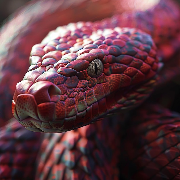 a red and purple snake with a red and purple striped head