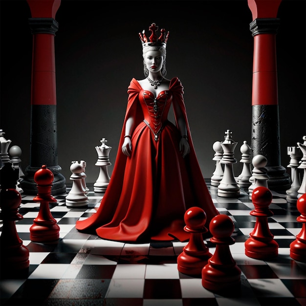 Photo a red queen in a red dress is on a chess board