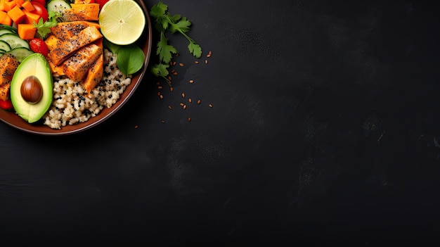 Red quinoa bowl with avocado radishes scallions cherry tomatoes chives and fresh basil Top view Copy space