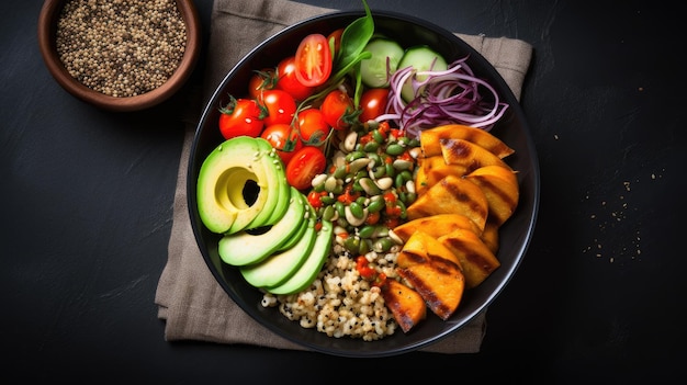 Red quinoa bowl with avocado radishes scallions cherry tomatoes chives and fresh basil Top view Copy space