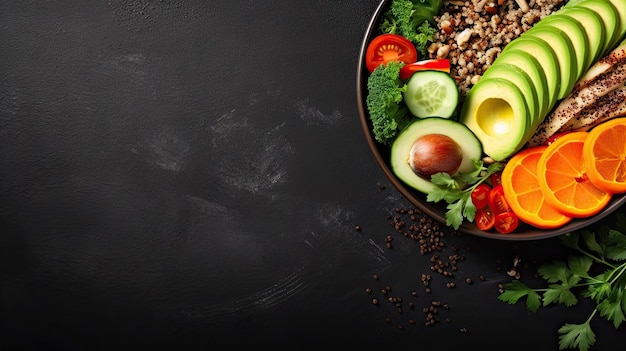 Red quinoa bowl with avocado radishes scallions cherry tomatoes chives and fresh basil Top view Copy space