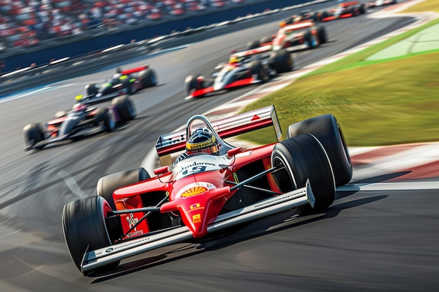 A red race car is speeding down a track with other cars behind it