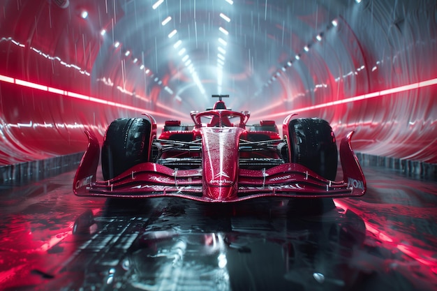 Red Race Car In Neon Lit Tunnel