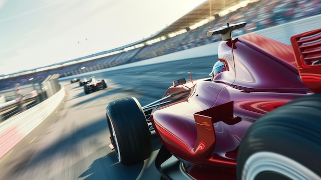 A red racing car makes a fast turn on a vibrant track while other cars follow encapsulating the thrill and intensity of highspeed racing