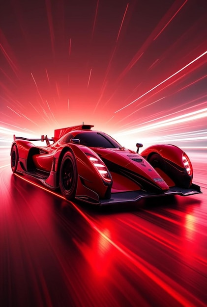 Photo a red racing car with a red background with the sun behind it