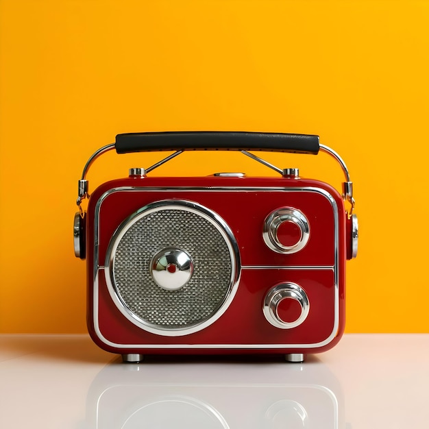 a red radio that is on a table