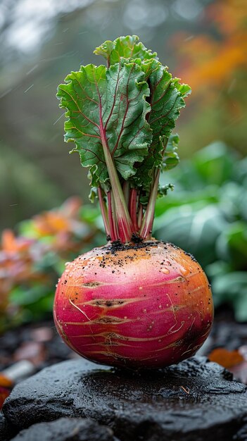 a red radish with a green leaf on it