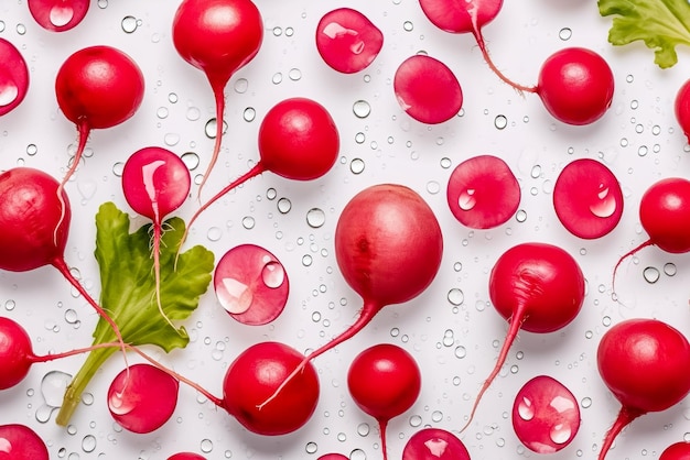 Red radishes on white background with water drops Top view Generative AI