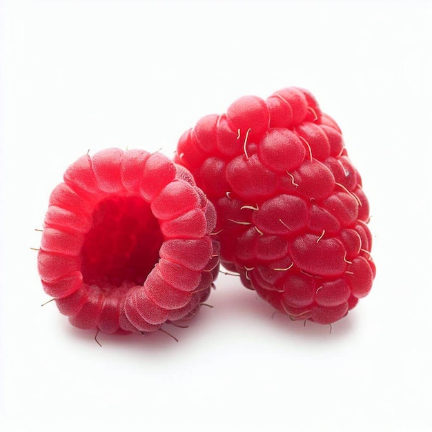 A red raspberry with a stem in the middle