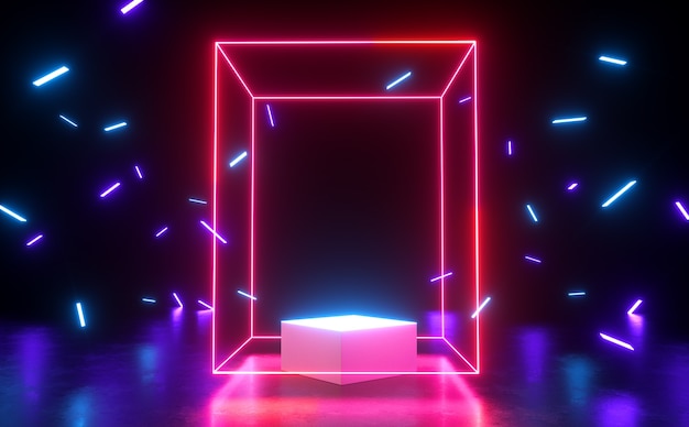 Red Rectangle Spectrum Neon Light Glow Showcase With Blank Podium And Ribbon 3d Render