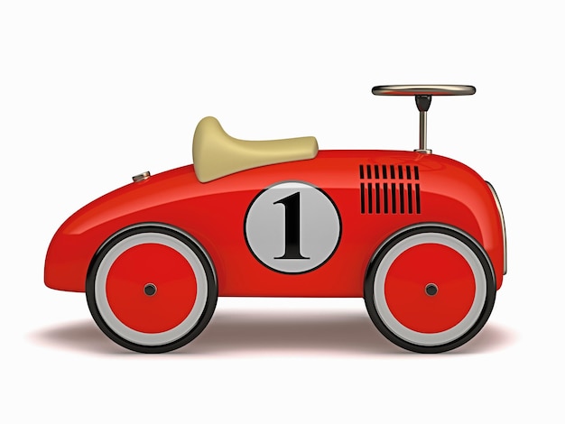 Photo red retro toy car number one isolated on white background