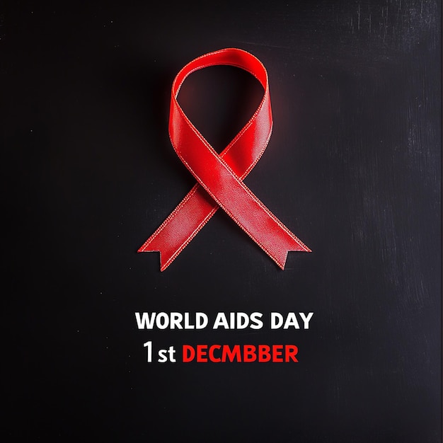 Photo red ribbon on black background with world aids day text