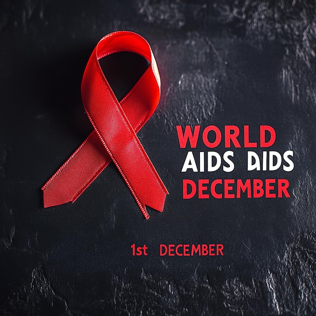 Photo red ribbon on black background with world aids day text