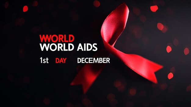 Photo red ribbon on black background with world aids day text